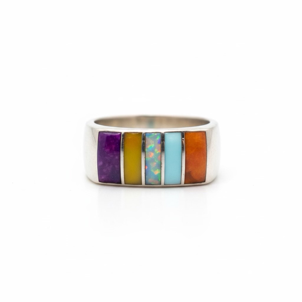 Zuni Vintage Inlay 925 Silver Band Ring Conch Oyster Opal Turquoise 75$